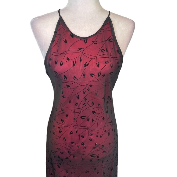 Vintage Chelsea Nites Red Black Floral Mesh Overlay Floor Length Formal Dress 14 - Picture 2 of 5